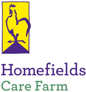 HomefieldsLogo Homefields Care Farm logo with yellow background and purple rooster