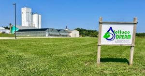 Lettuce Dream sign in front of 2 greenhouses